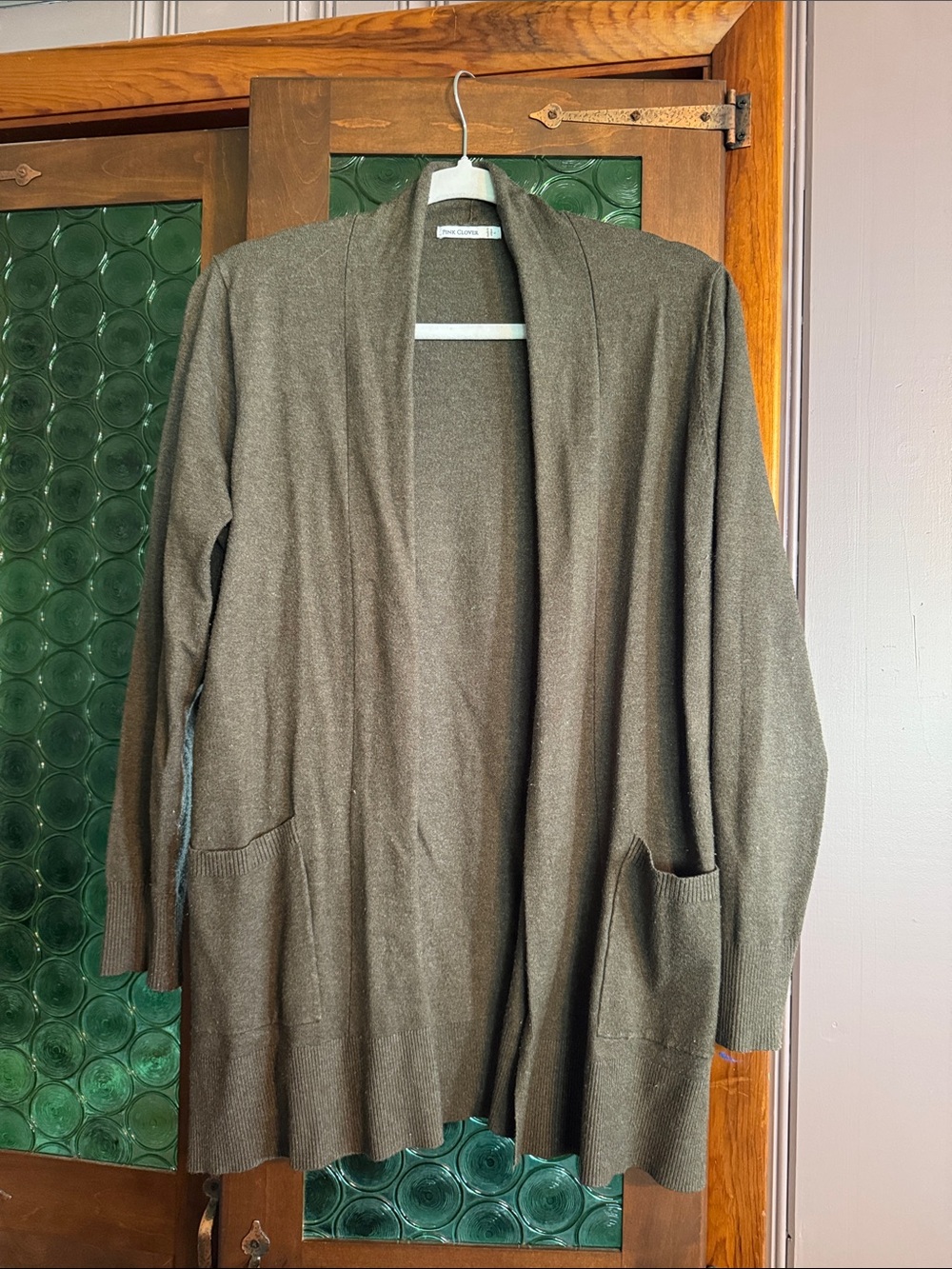 Pink Clover Open-Front Long Cardigan Sweater in Olive